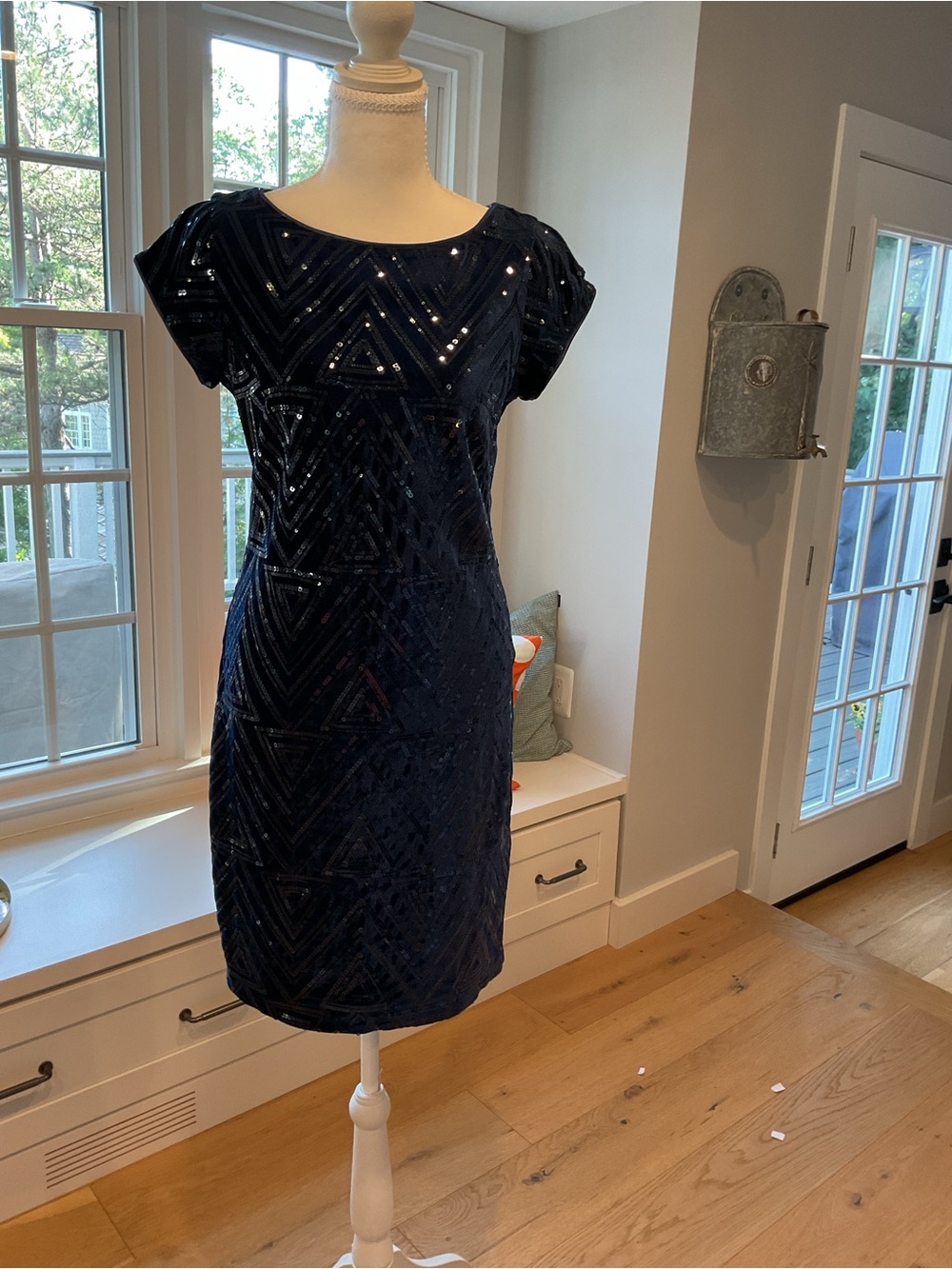 Eliza J Navy Sequin Cap Sleeve Sheath Dress
